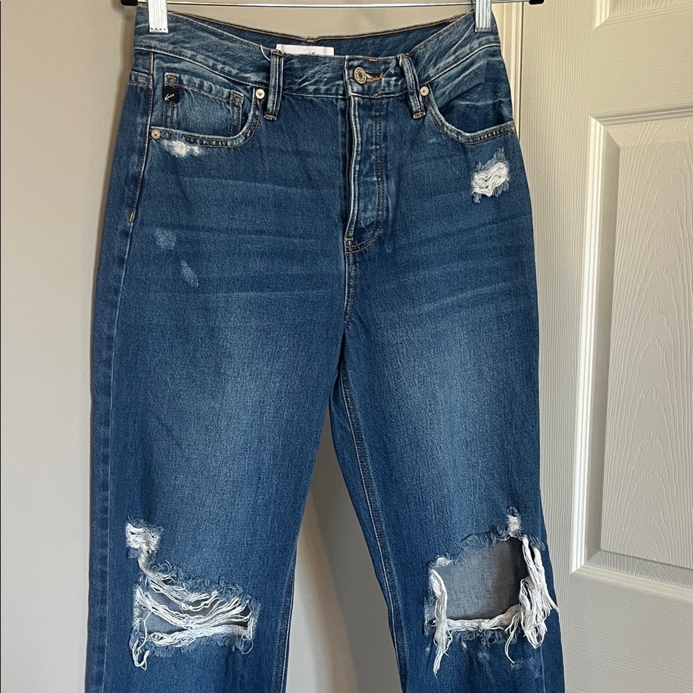 Kancan High-Rise Distressed Straight-Leg Jeans - Dark Blue - Picture 3 of 4